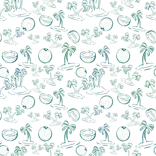 Illustrated tropical islands with palm trees and coconuts.